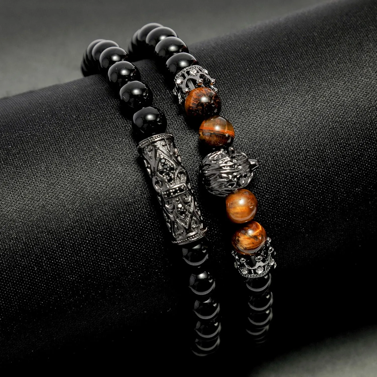 Black Matte Beads Bracelets 8mm Onyx Stone Bracelets Sets Charm King Crown for Women Men Jewelry