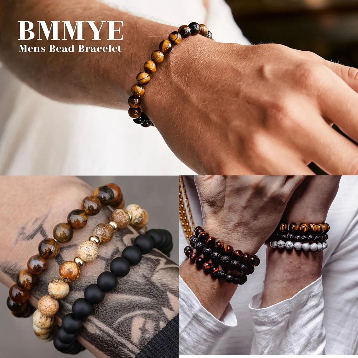 BMMYE 2-4Pcs Mens Beaded Bracelets 8mm Strech Bead Bracelet for Men Natural Stone Lava Rock Tiger Eye Obsidian Bracelets for Men Mens Jewlery Bracelet Gift