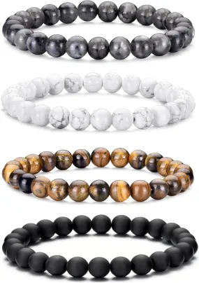 BMMYE 2-4Pcs Mens Beaded Bracelets 8mm Strech Bead Bracelet for Men Natural Stone Lava Rock Tiger Eye Obsidian Bracelets for Men Mens Jewlery Bracelet Gift