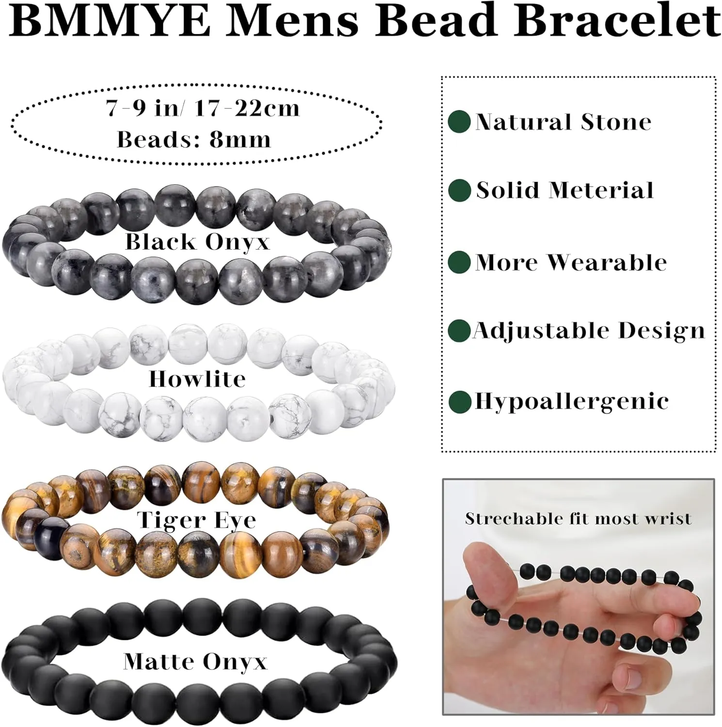 BMMYE 2-4Pcs Mens Beaded Bracelets 8mm Strech Bead Bracelet for Men Natural Stone Lava Rock Tiger Eye Obsidian Bracelets for Men Mens Jewlery Bracelet Gift