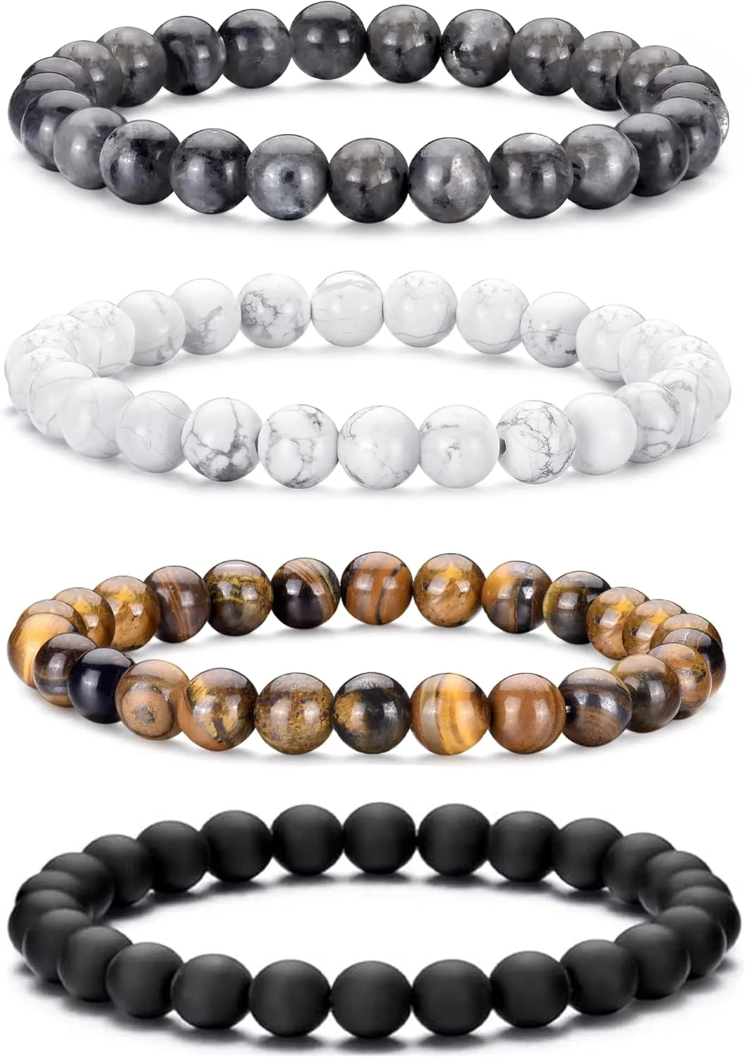BMMYE 2-4Pcs Mens Beaded Bracelets 8mm Strech Bead Bracelet for Men Natural Stone Lava Rock Tiger Eye Obsidian Bracelets for Men Mens Jewlery Bracelet Gift