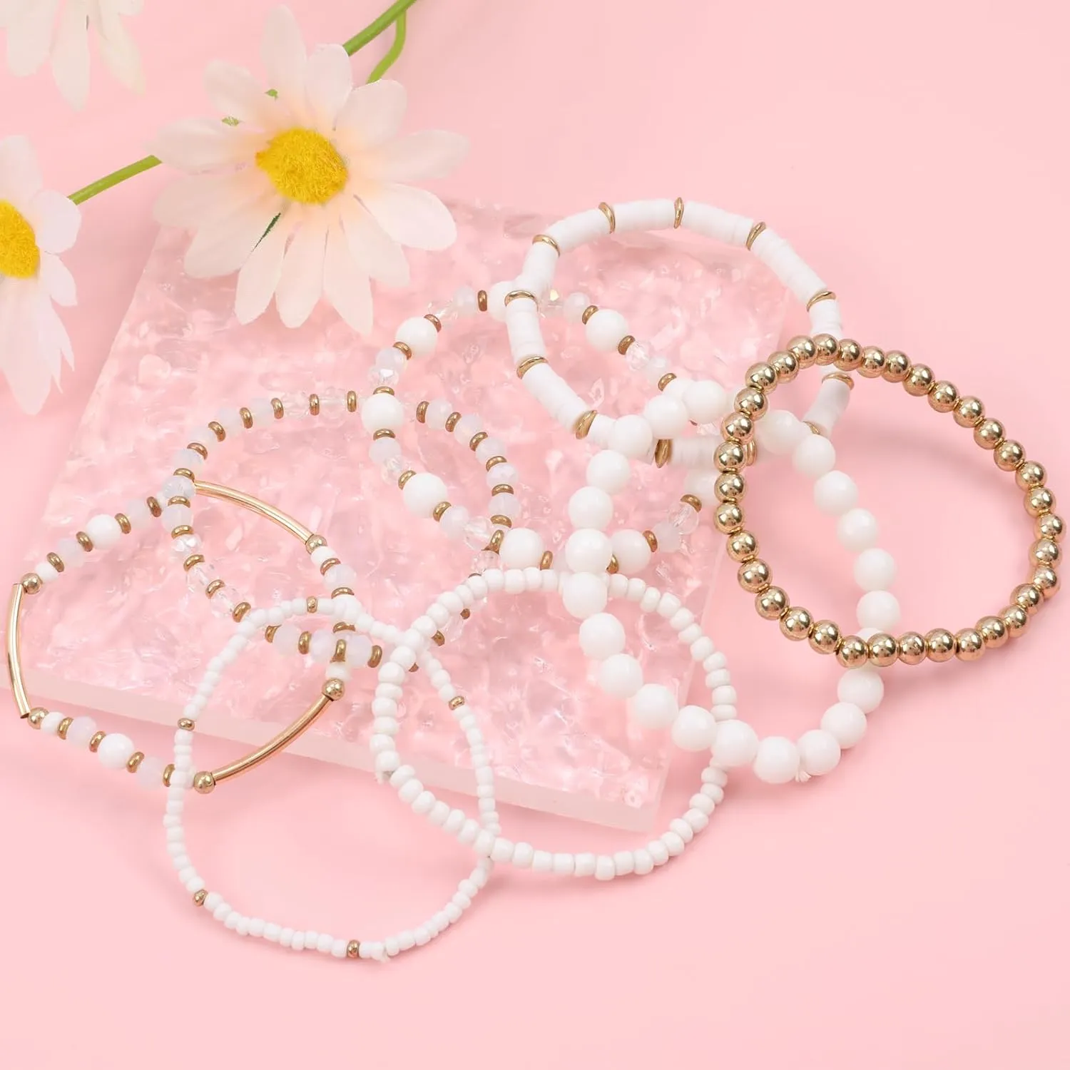 Bohemian Colorful Beaded Bracelets for Women Boho Stackable Natural Stone Letter Clay Glass Beads Stretch Bracelet Set with Charm, Cute Rainbow Friendship Bracelets for Summer Vacation