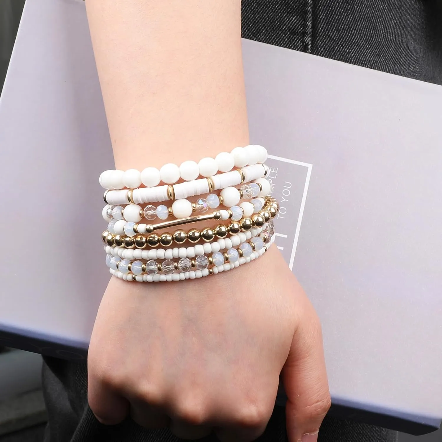 Bohemian Colorful Beaded Bracelets for Women Boho Stackable Natural Stone Letter Clay Glass Beads Stretch Bracelet Set with Charm, Cute Rainbow Friendship Bracelets for Summer Vacation