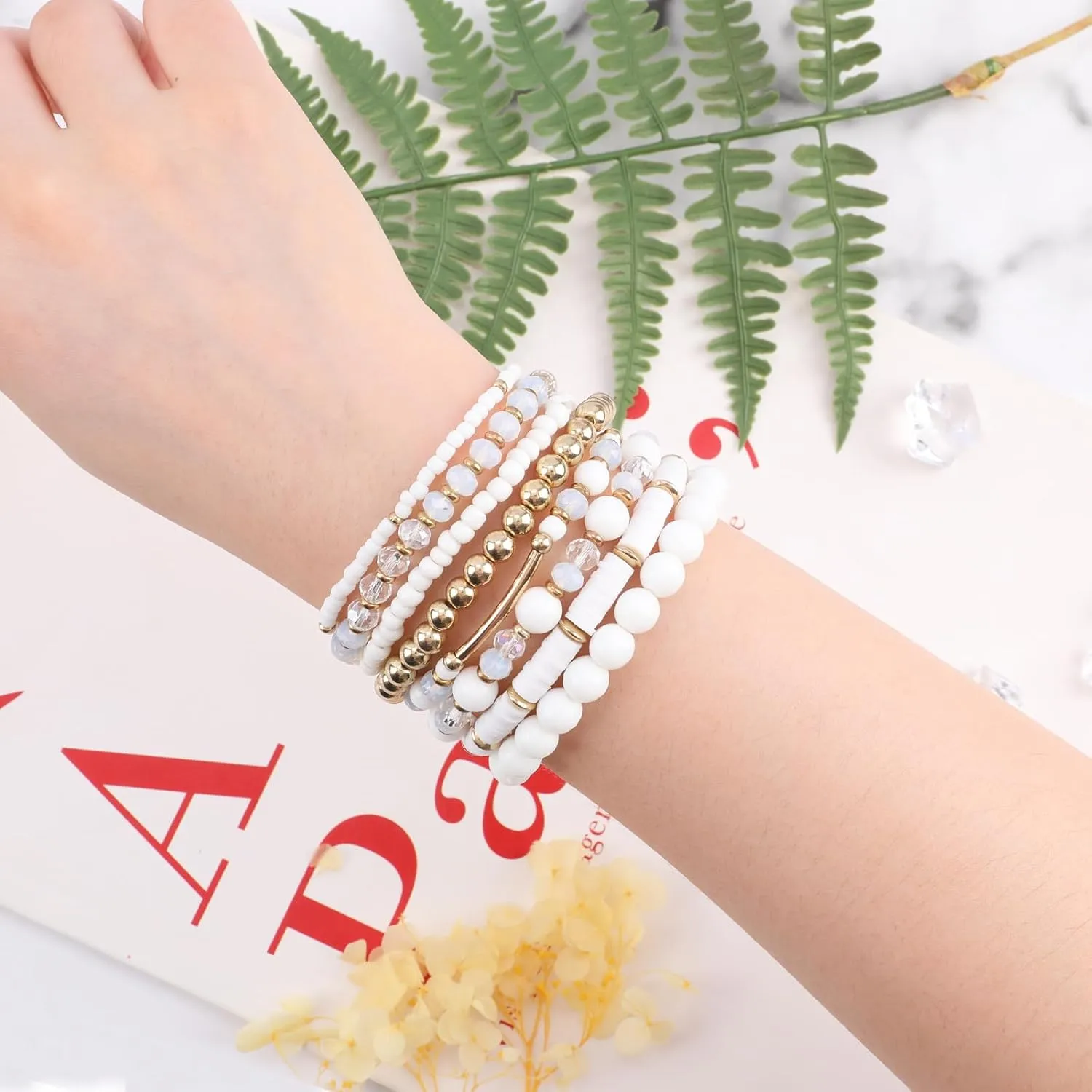 Bohemian Colorful Beaded Bracelets for Women Boho Stackable Natural Stone Letter Clay Glass Beads Stretch Bracelet Set with Charm, Cute Rainbow Friendship Bracelets for Summer Vacation