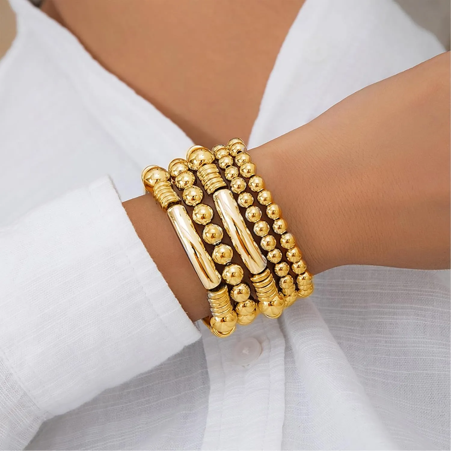 choice of all Gold Bracelets for Women Trendy Beaded Bracelet Non Tarnish Stack Cross Pearl Beaded Stretch Bracelets Jewelry Gifts for Women