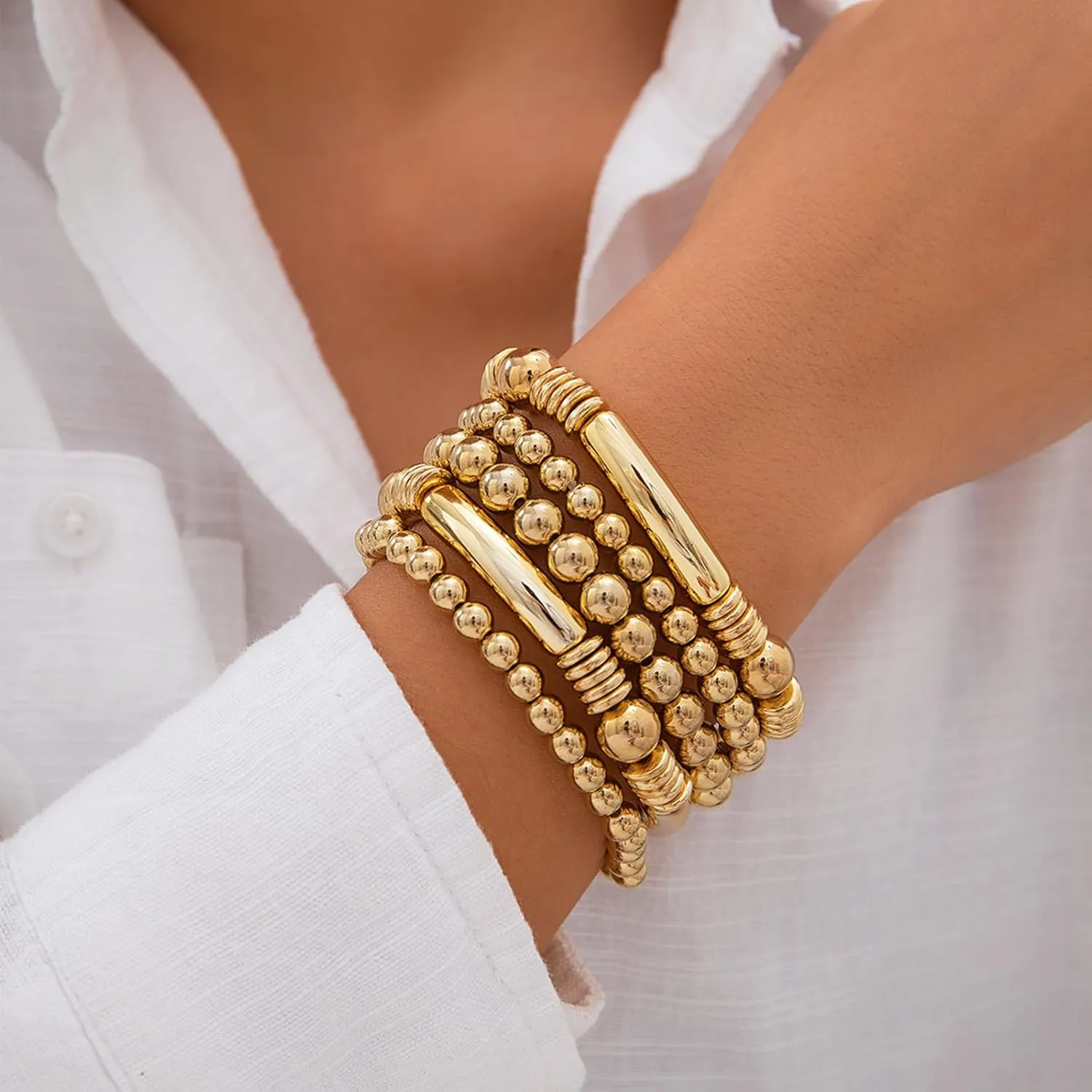choice of all Gold Bracelets for Women Trendy Beaded Bracelet Non Tarnish Stack Cross Pearl Beaded Stretch Bracelets Jewelry Gifts for Women