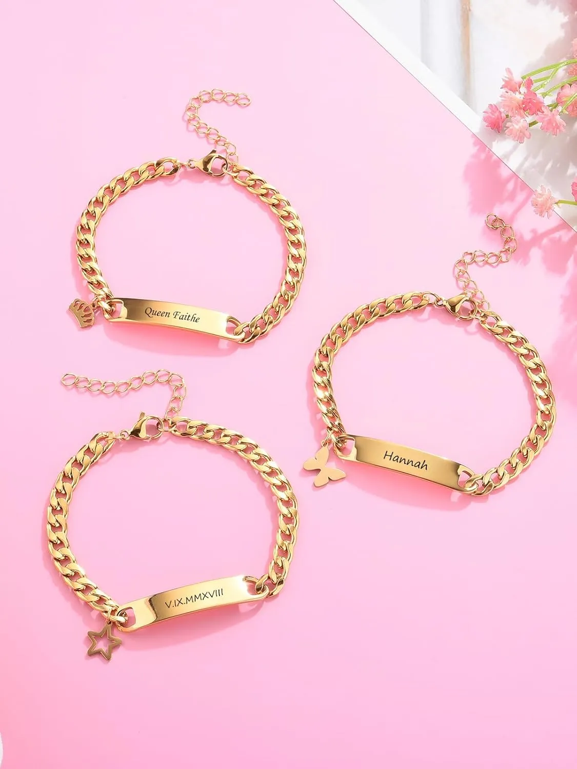 Custom Name Bar ID Bracelets Personalized Stainless Steel Engrave Crown Butterfly Star Charm Bracelet with Name Customized Jewelry for Birthday Christmas Mother's Day