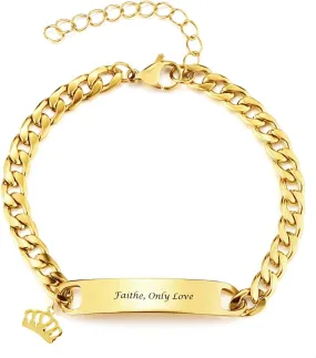 Custom Name Bar ID Bracelets Personalized Stainless Steel Engrave Crown Butterfly Star Charm Bracelet with Name Customized Jewelry for Birthday Christmas Mother's Day