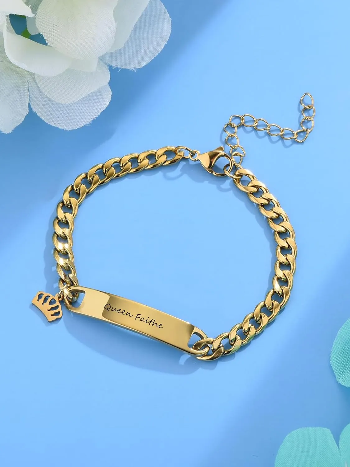 Custom Name Bar ID Bracelets Personalized Stainless Steel Engrave Crown Butterfly Star Charm Bracelet with Name Customized Jewelry for Birthday Christmas Mother's Day