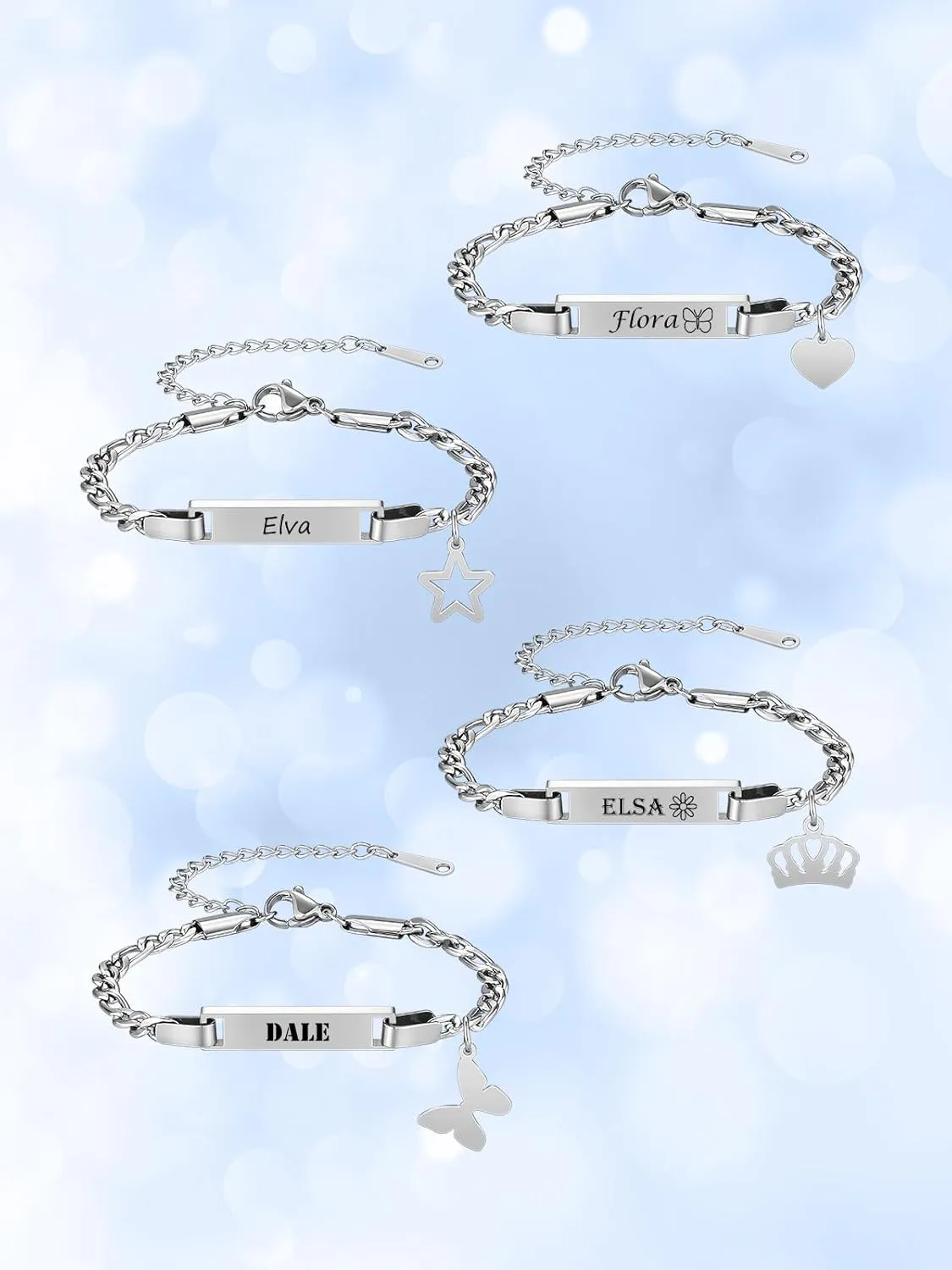 Custom Name Bar ID Bracelets Personalized Stainless Steel Engrave Crown Butterfly Star Charm Figaro Bracelet Customized Jewelry for Birthday Christmas Mother's Day