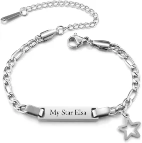 Custom Name Bar ID Bracelets Personalized Stainless Steel Engrave Crown Butterfly Star Charm Figaro Bracelet Customized Jewelry for Birthday Christmas Mother's Day