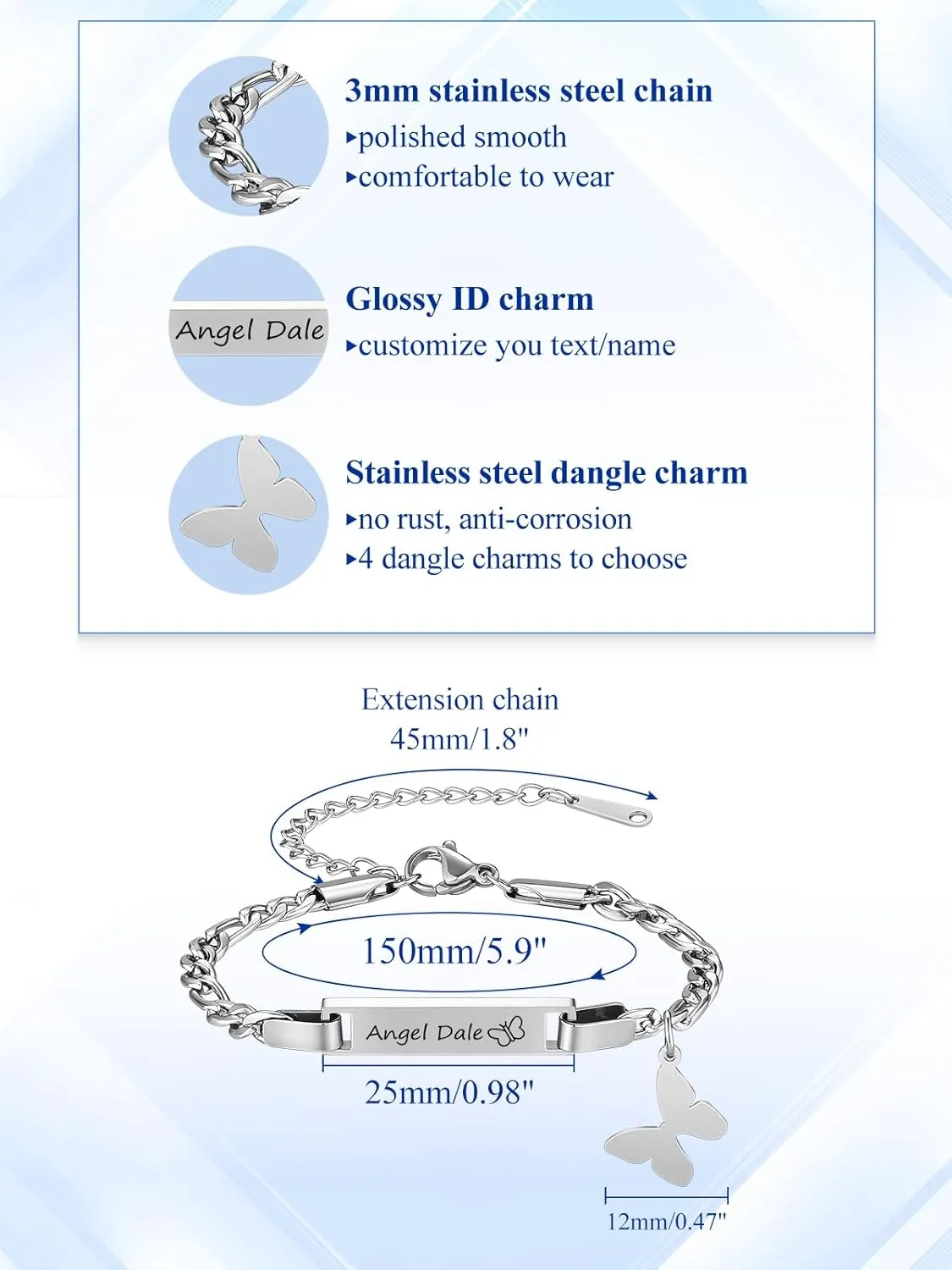 Custom Name Bar ID Bracelets Personalized Stainless Steel Engrave Crown Butterfly Star Charm Figaro Bracelet Customized Jewelry for Birthday Christmas Mother's Day