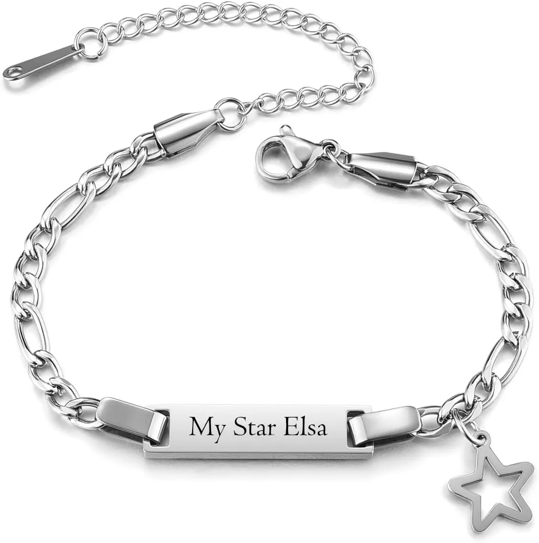 Custom Name Bar ID Bracelets Personalized Stainless Steel Engrave Crown Butterfly Star Charm Figaro Bracelet Customized Jewelry for Birthday Christmas Mother's Day