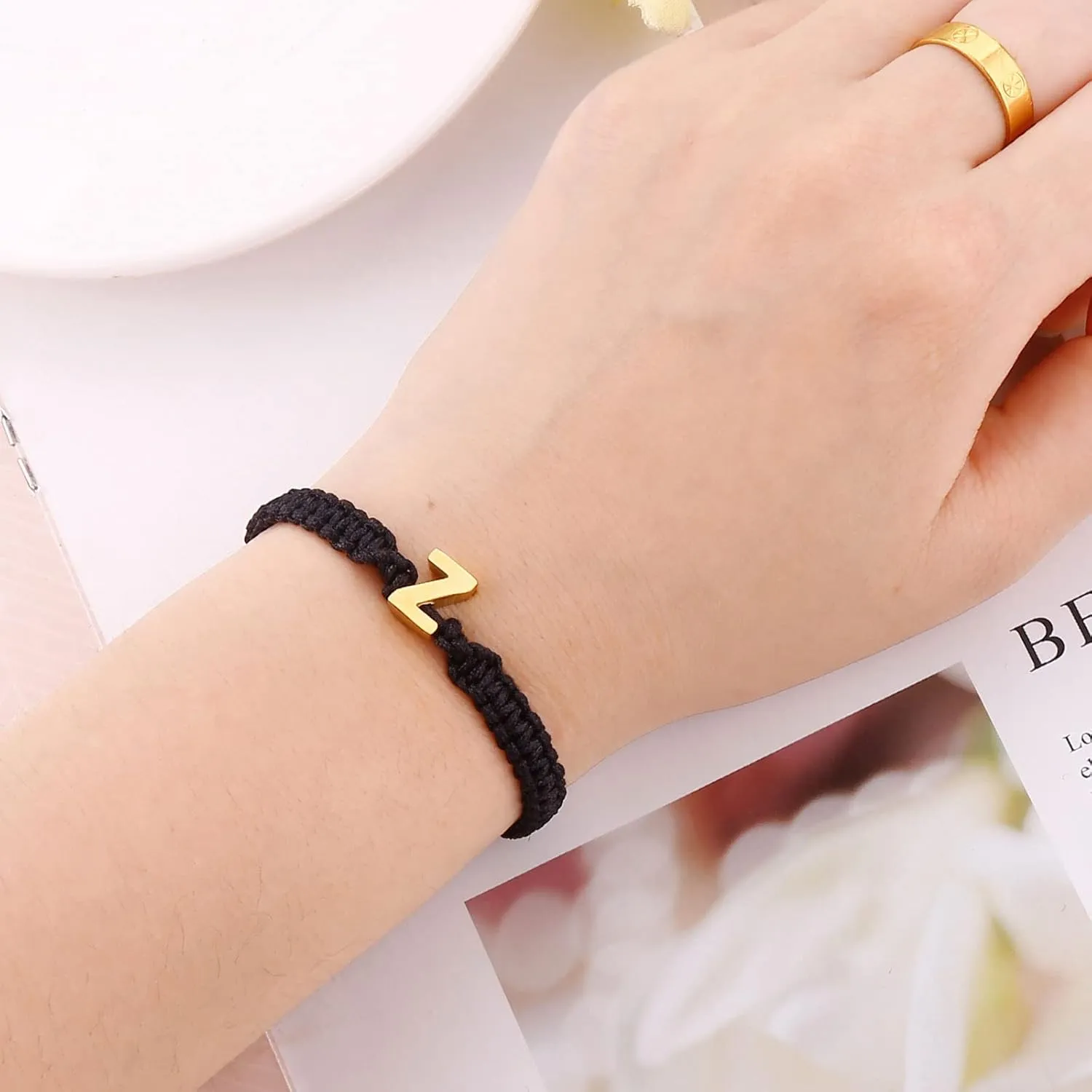 Dainty Stainless Steel Initial A-Z Letter Charm Bracelets for Men Women Teen Girls Handmade Adjustable Rope Braided Jewelry Personalized Birthday Gifts (Z-Black)