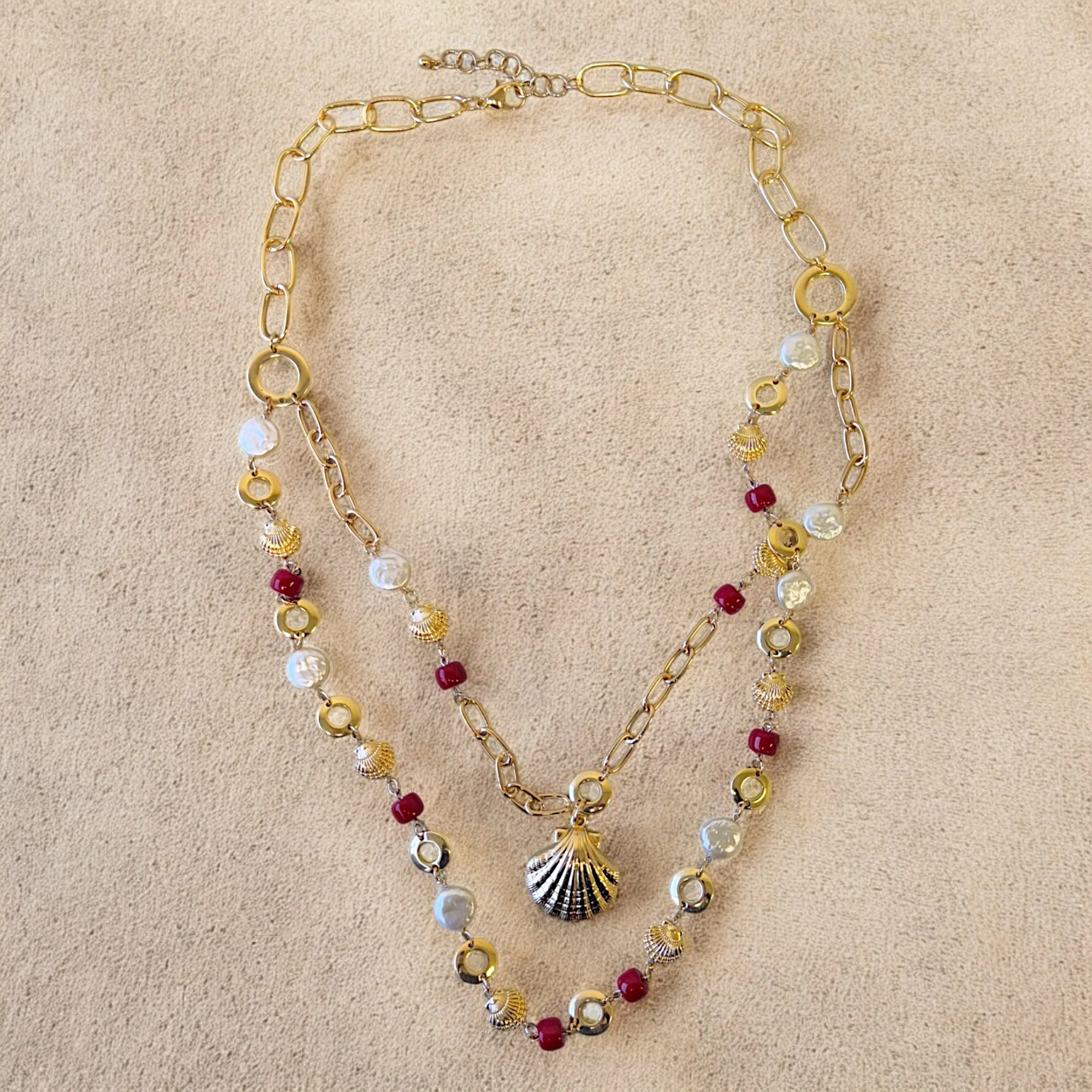 Double Strand Coral & Pearl Link Chain Necklace