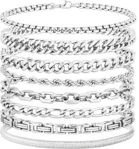ELLEWIN Chain Bracelet for Men Stainless Steel Cuban Link Curb Figaro Herringbone Rope Paperclip Snake Byzantine Curb Chunky Chain Silver Bracelets Jewelry Set for Men 8.3 Inches