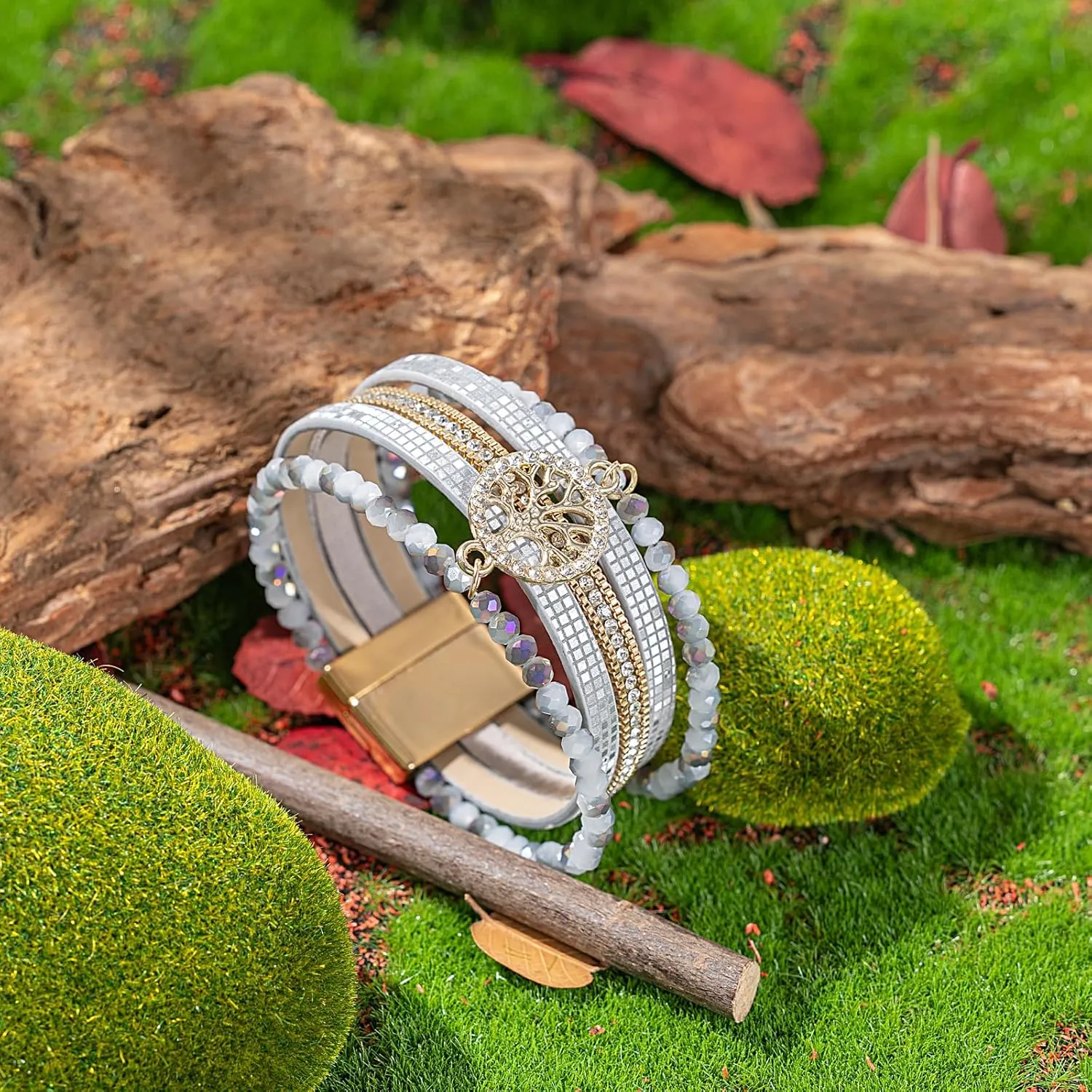 FANCY SHINY Tree of Life Leather Wrap Bracelet Beaded Crystal Bracelet Boho Jewelry Gifts for Women with Magenetic Clasp