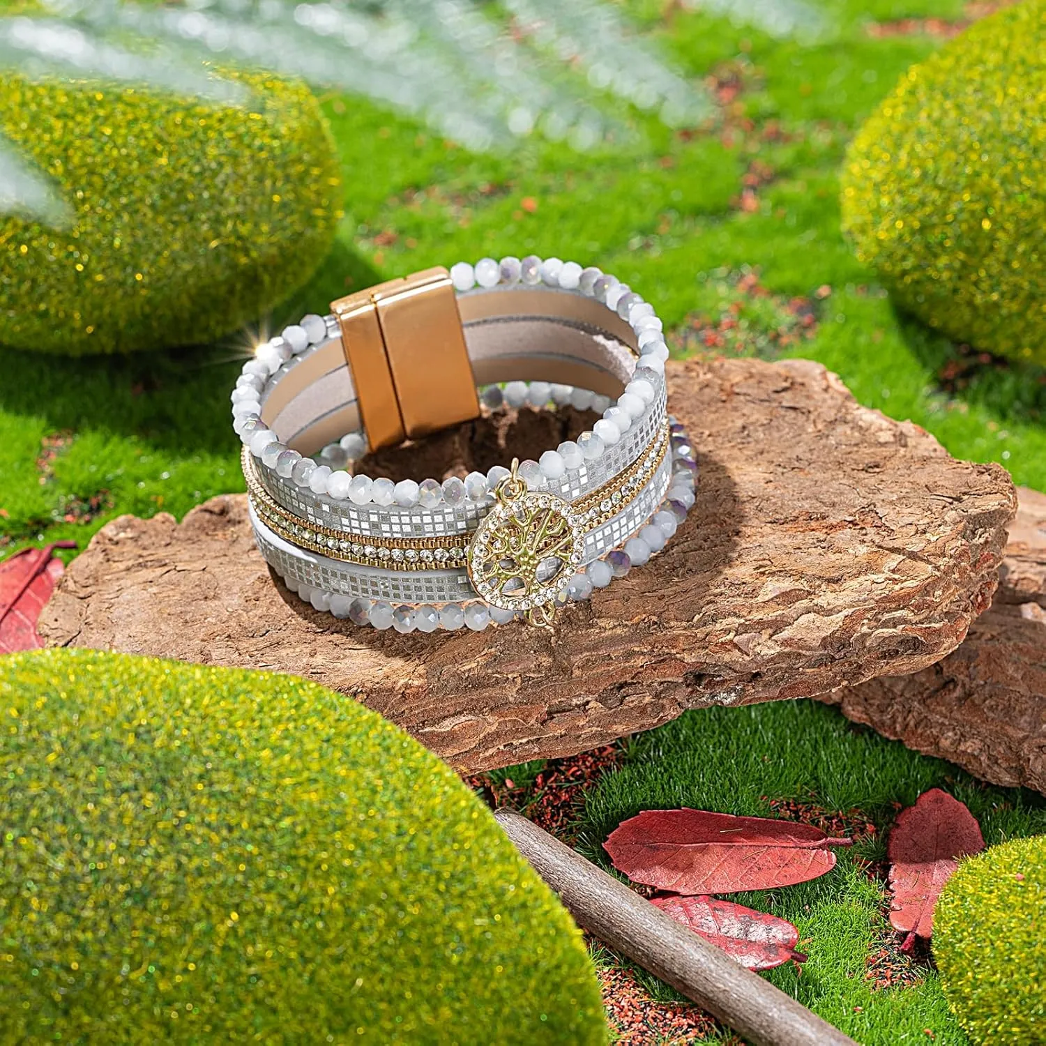 FANCY SHINY Tree of Life Leather Wrap Bracelet Beaded Crystal Bracelet Boho Jewelry Gifts for Women with Magenetic Clasp