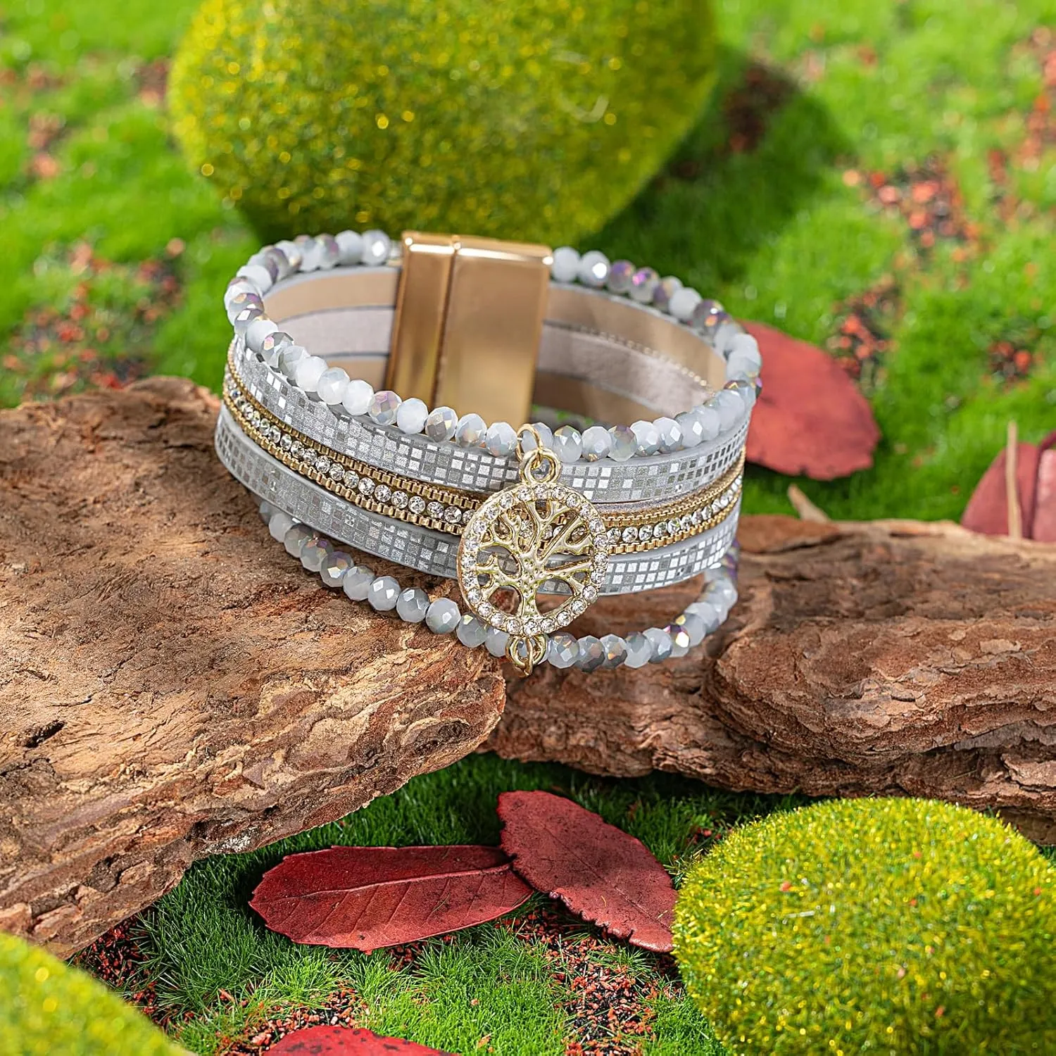FANCY SHINY Tree of Life Leather Wrap Bracelet Beaded Crystal Bracelet Boho Jewelry Gifts for Women with Magenetic Clasp