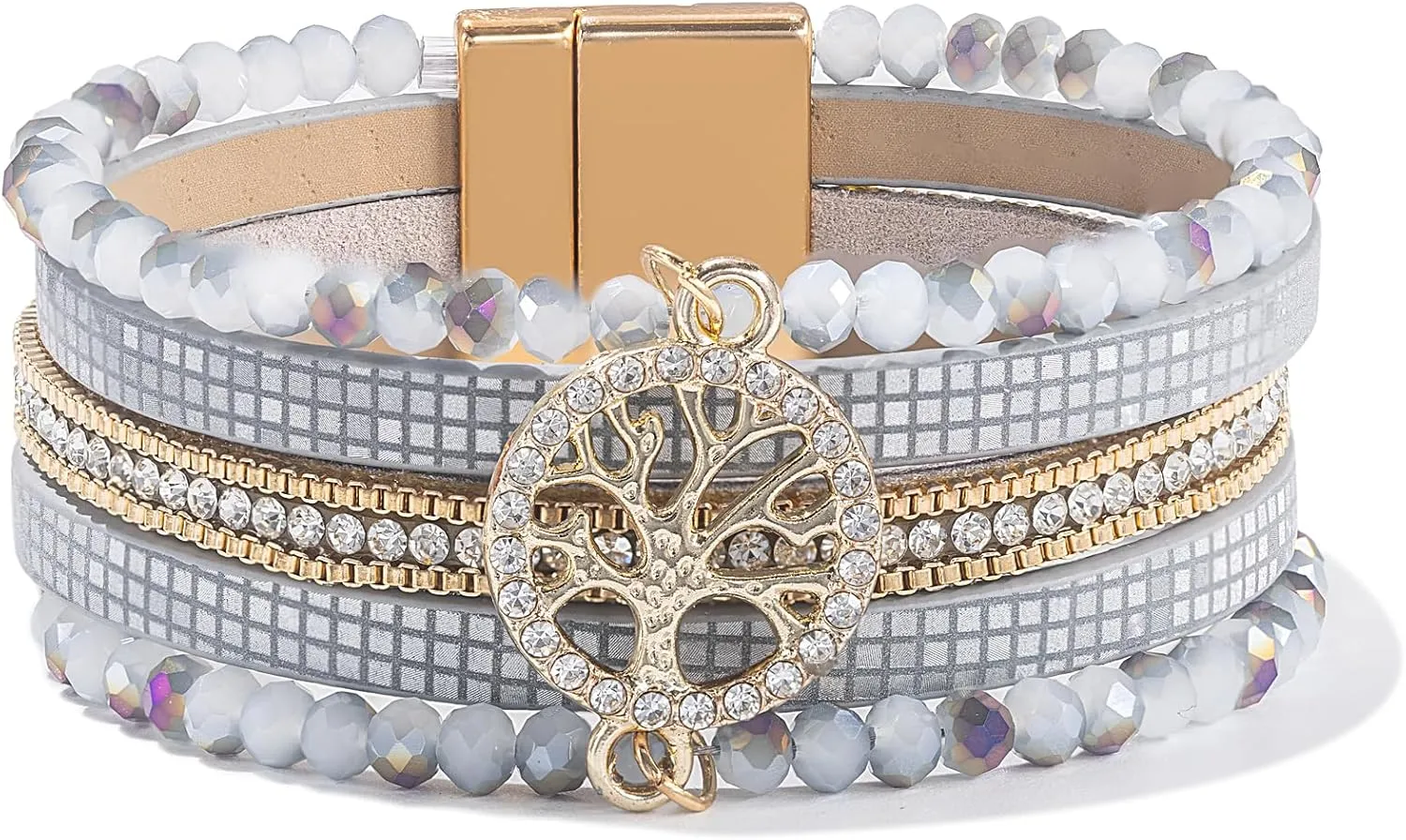 FANCY SHINY Tree of Life Leather Wrap Bracelet Beaded Crystal Bracelet Boho Jewelry Gifts for Women with Magenetic Clasp