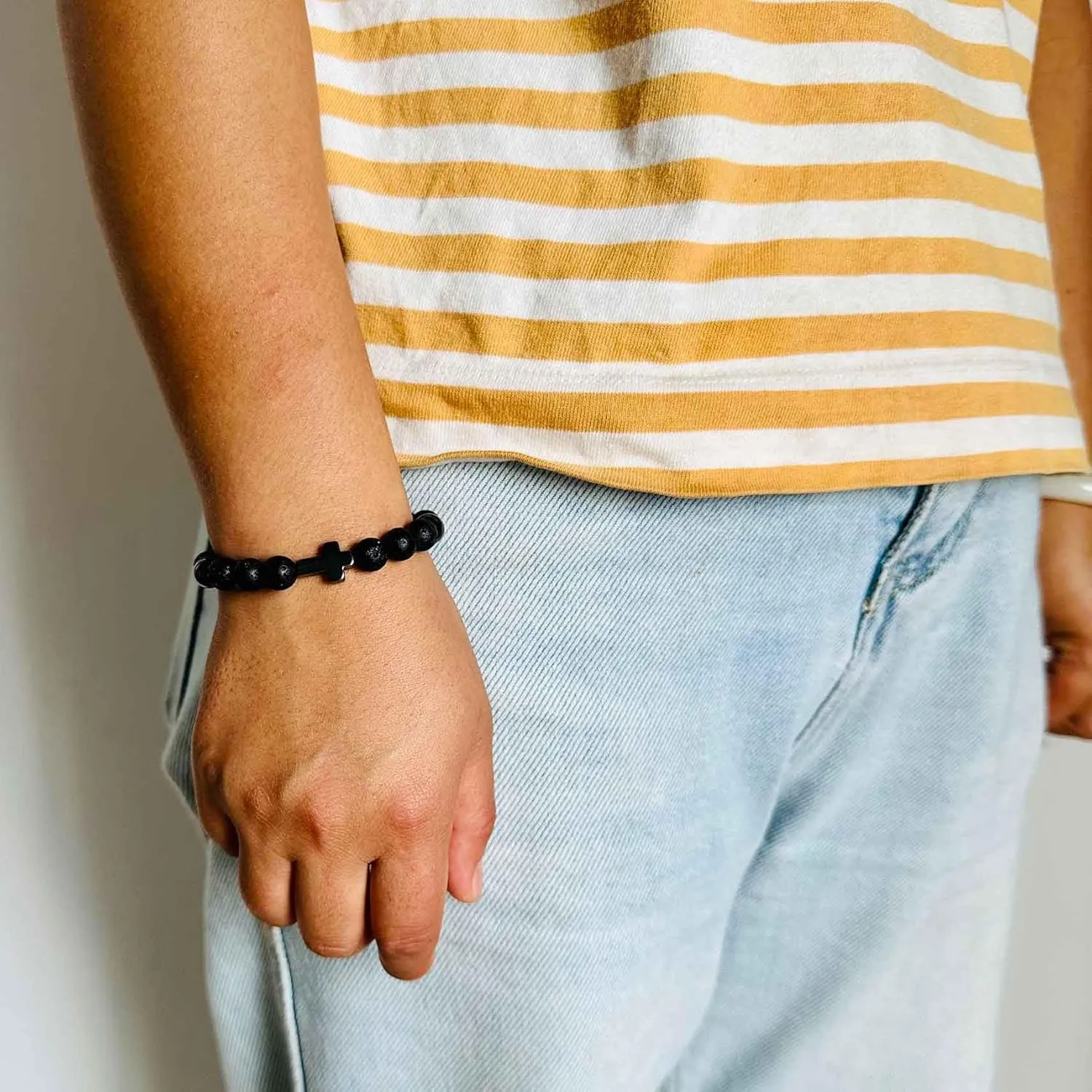 Fashion Sideway Cross Bead Bracelet Tiger Eye Lava Rock Onyx Stone Adjustable Bracelet
