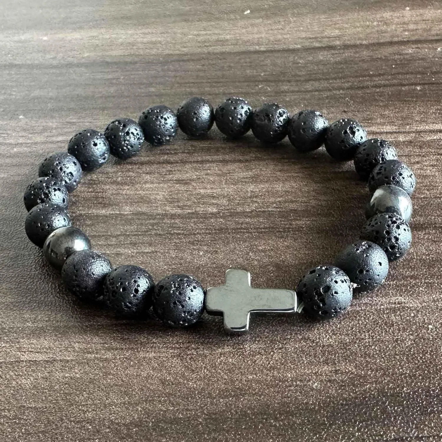 Fashion Sideway Cross Bead Bracelet Tiger Eye Lava Rock Onyx Stone Adjustable Bracelet