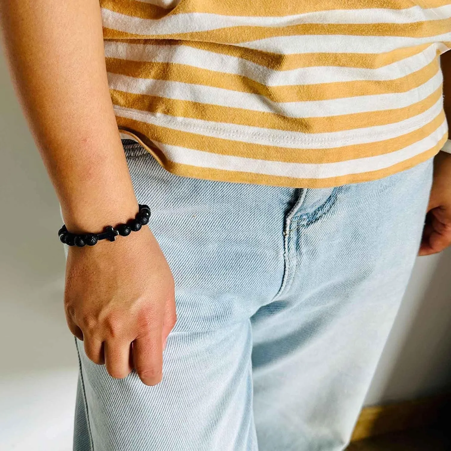 Fashion Sideway Cross Bead Bracelet Tiger Eye Lava Rock Onyx Stone Adjustable Bracelet