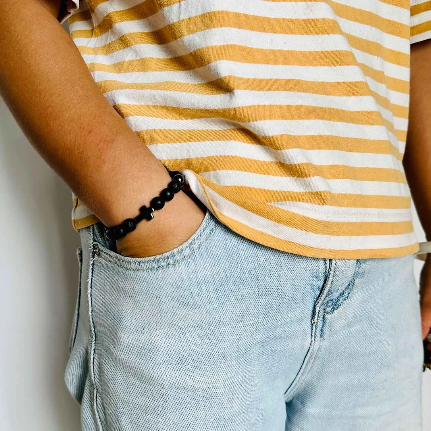 Fashion Sideway Cross Bead Bracelet Tiger Eye Lava Rock Onyx Stone Adjustable Bracelet
