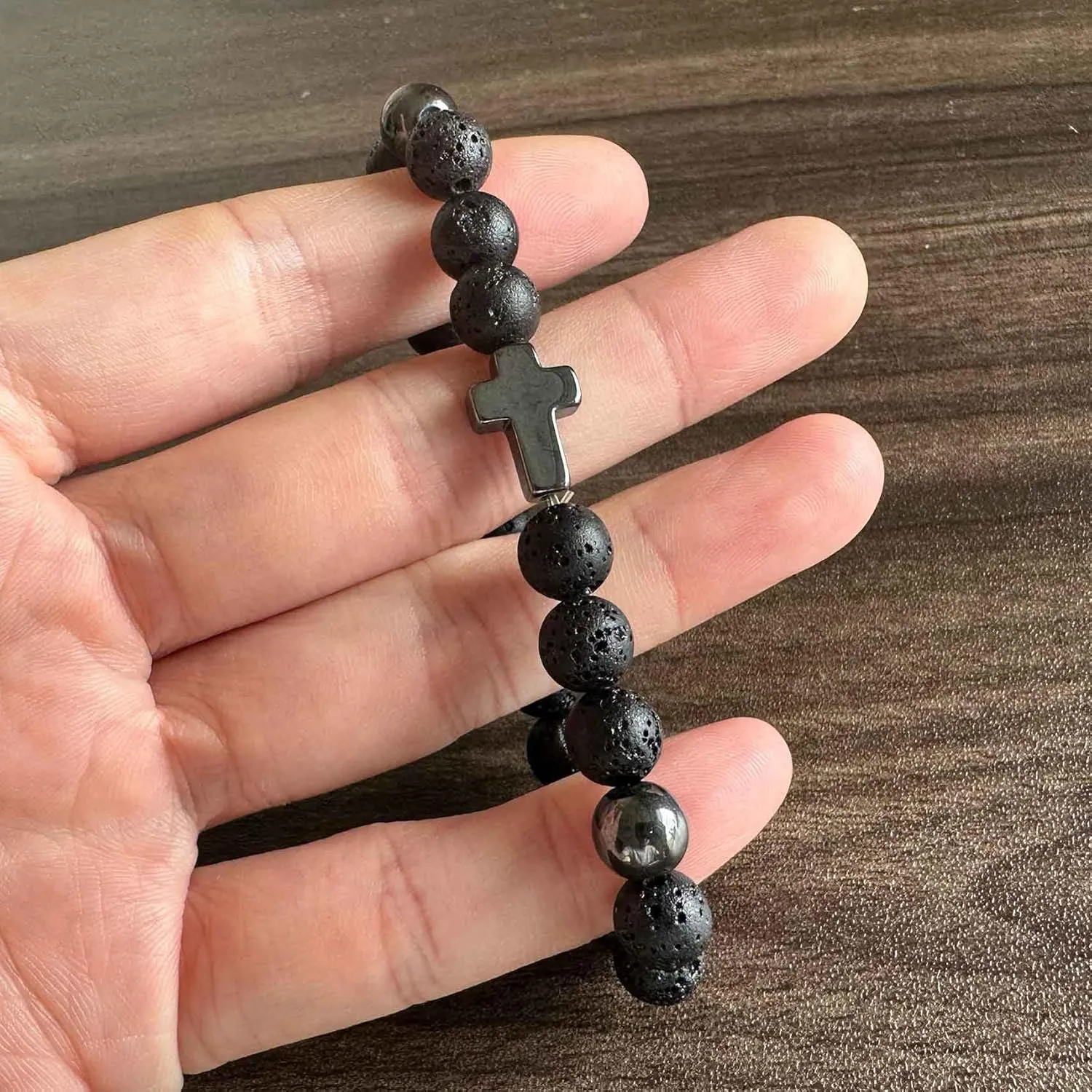 Fashion Sideway Cross Bead Bracelet Tiger Eye Lava Rock Onyx Stone Adjustable Bracelet