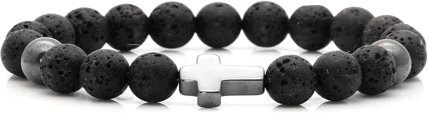 Fashion Sideway Cross Bead Bracelet Tiger Eye Lava Rock Onyx Stone Adjustable Bracelet