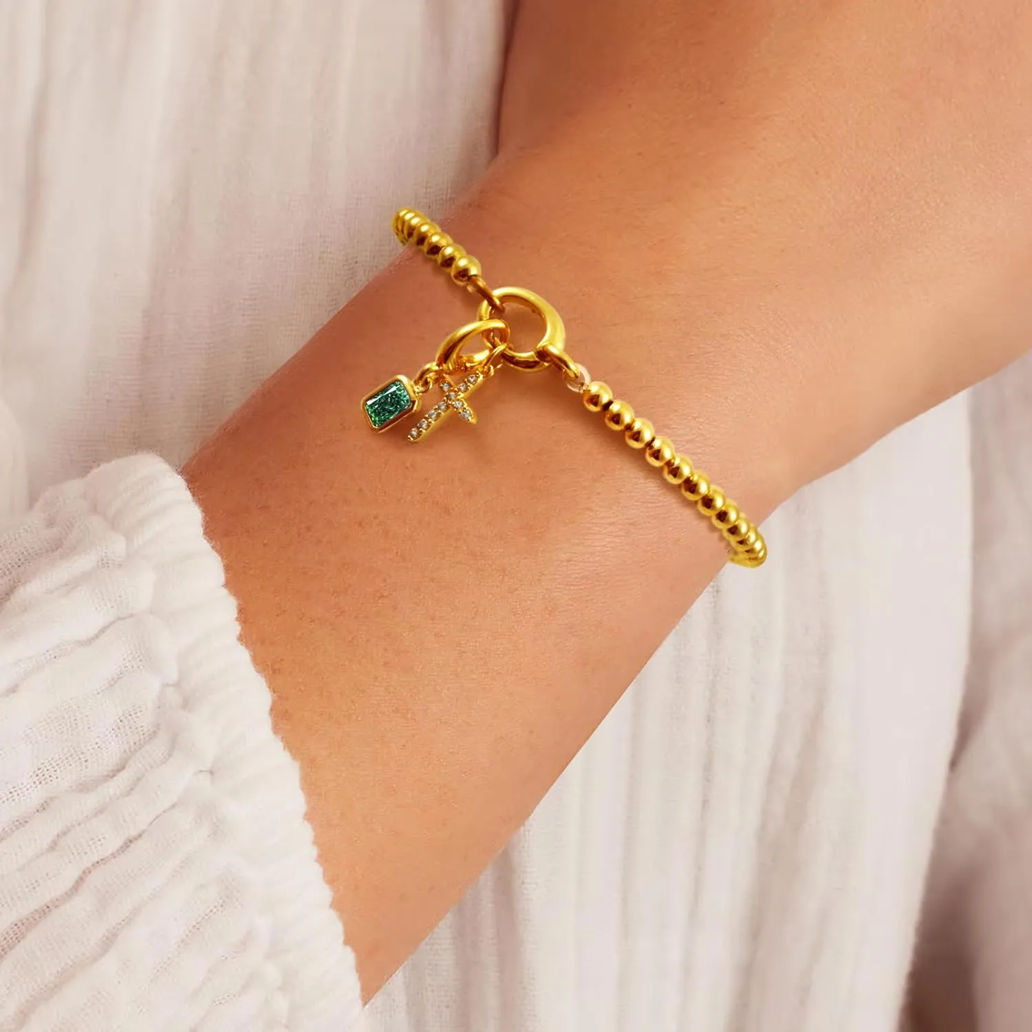Free bird Cross Birthstone Bracelet | Dainty 14K Gold Plated Cross Charm Bracelet for Women | Stretchable Elastic Gold Beaded Bracelet | Stackable Trendy Birthstone Bracelet | Jewelry Gifts for Women