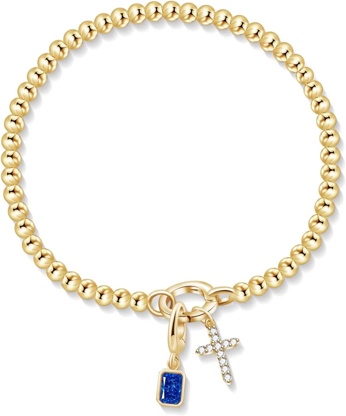 Free bird Cross Birthstone Bracelet | Dainty 14K Gold Plated Cross Charm Bracelet for Women | Stretchable Elastic Gold Beaded Bracelet | Stackable Trendy Birthstone Bracelet | Jewelry Gifts for Women