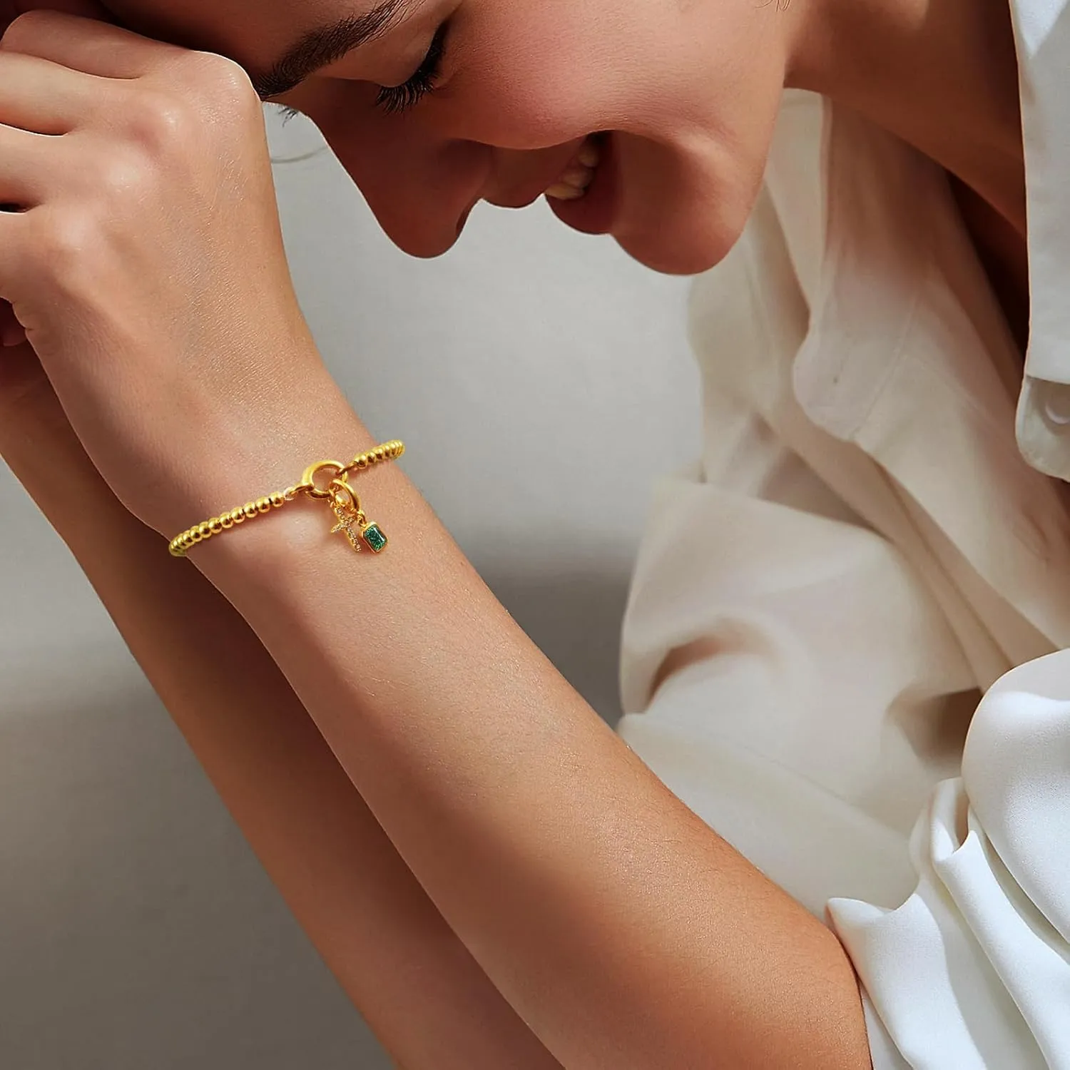 Free bird Cross Birthstone Bracelet | Dainty 14K Gold Plated Cross Charm Bracelet for Women | Stretchable Elastic Gold Beaded Bracelet | Stackable Trendy Birthstone Bracelet | Jewelry Gifts for Women