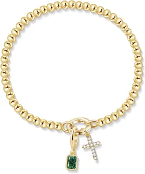 Free bird Cross Birthstone Bracelet | Dainty 14K Gold Plated Cross Charm Bracelet for Women | Stretchable Elastic Gold Beaded Bracelet | Stackable Trendy Birthstone Bracelet | Jewelry Gifts for Women