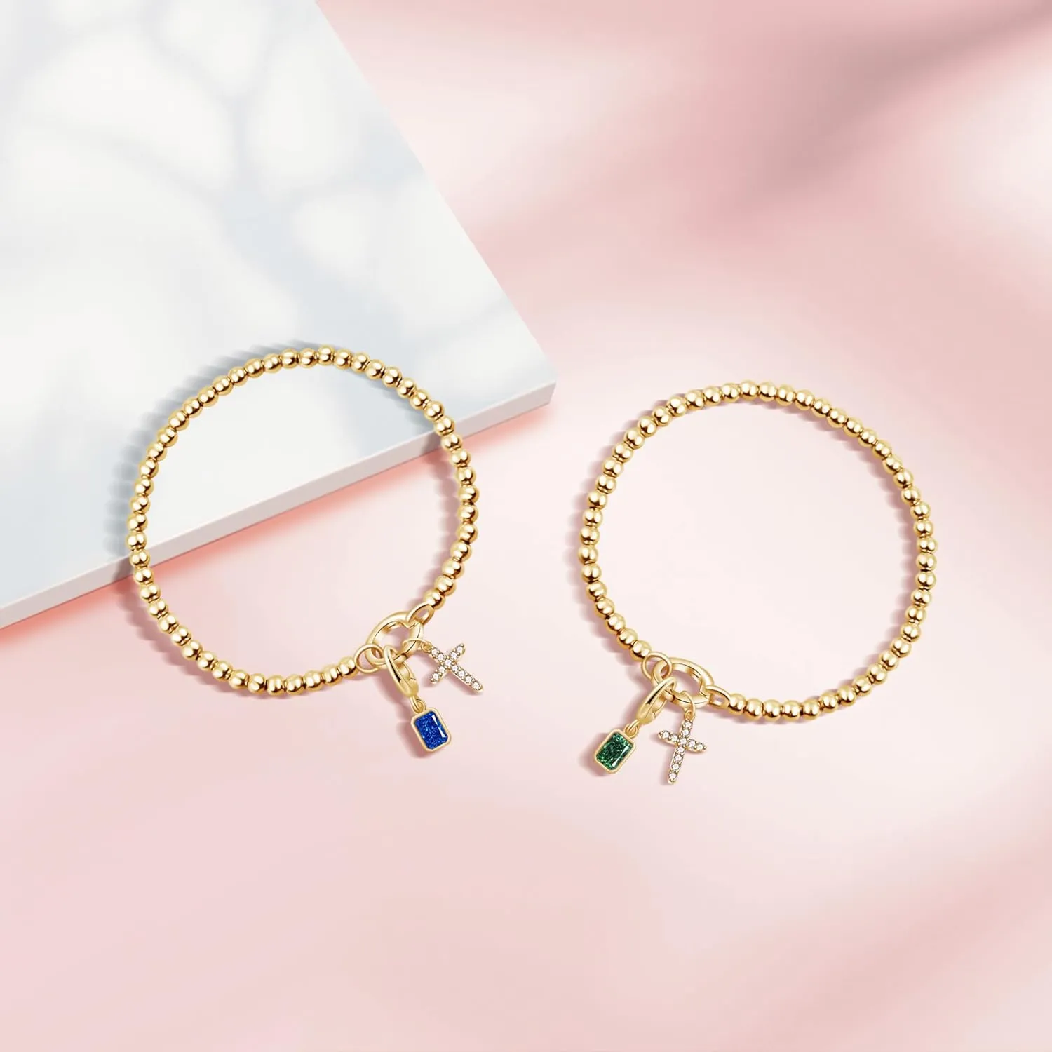 Free bird Cross Birthstone Bracelet | Dainty 14K Gold Plated Cross Charm Bracelet for Women | Stretchable Elastic Gold Beaded Bracelet | Stackable Trendy Birthstone Bracelet | Jewelry Gifts for Women