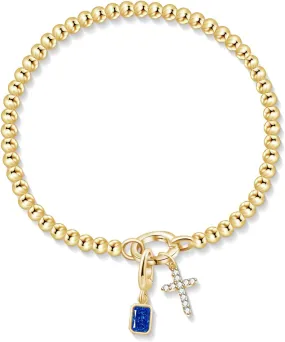 Free bird Cross Birthstone Bracelet | Dainty 14K Gold Plated Cross Charm Bracelet for Women | Stretchable Elastic Gold Beaded Bracelet | Stackable Trendy Birthstone Bracelet | Jewelry Gifts for Women