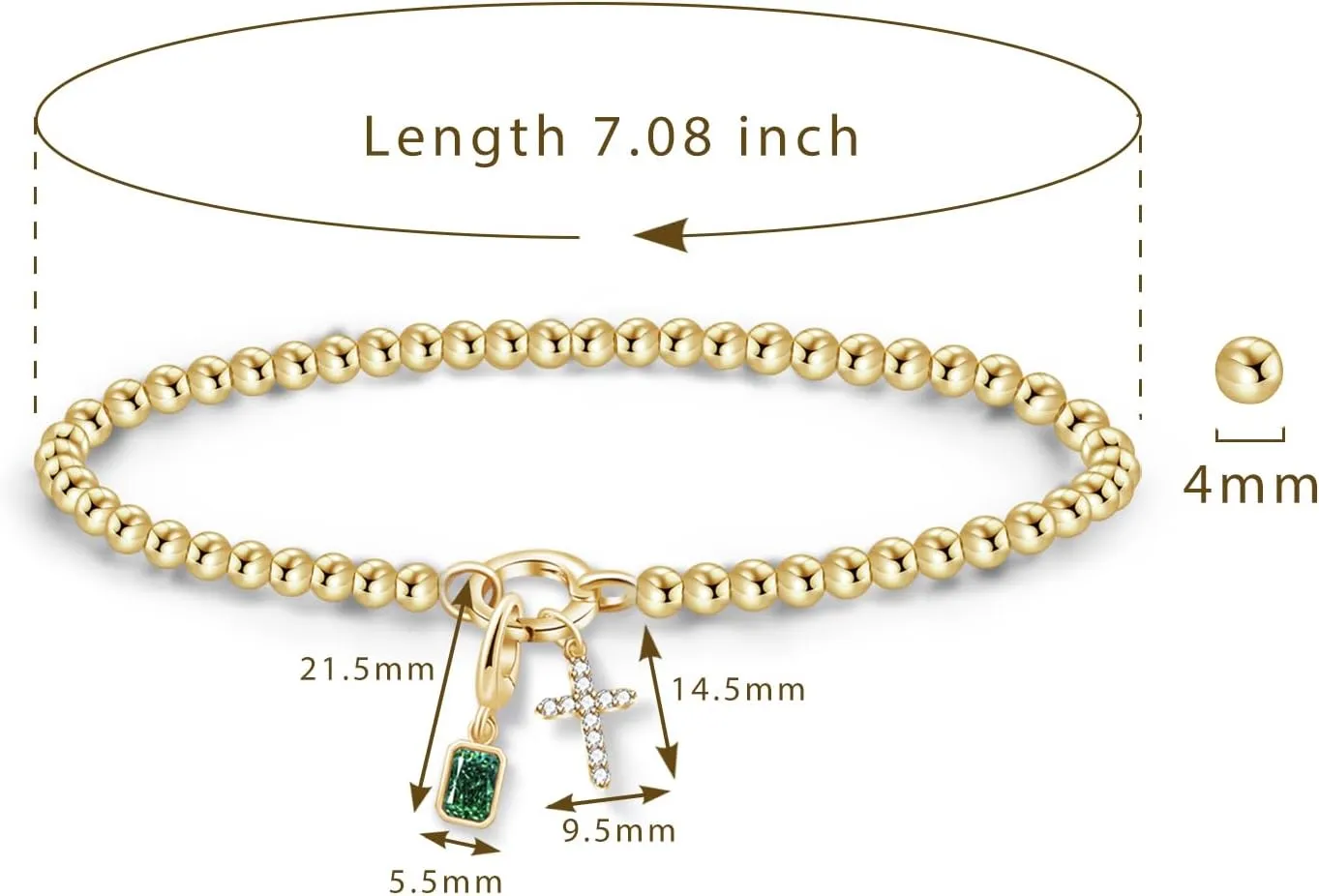 Free bird Cross Birthstone Bracelet | Dainty 14K Gold Plated Cross Charm Bracelet for Women | Stretchable Elastic Gold Beaded Bracelet | Stackable Trendy Birthstone Bracelet | Jewelry Gifts for Women