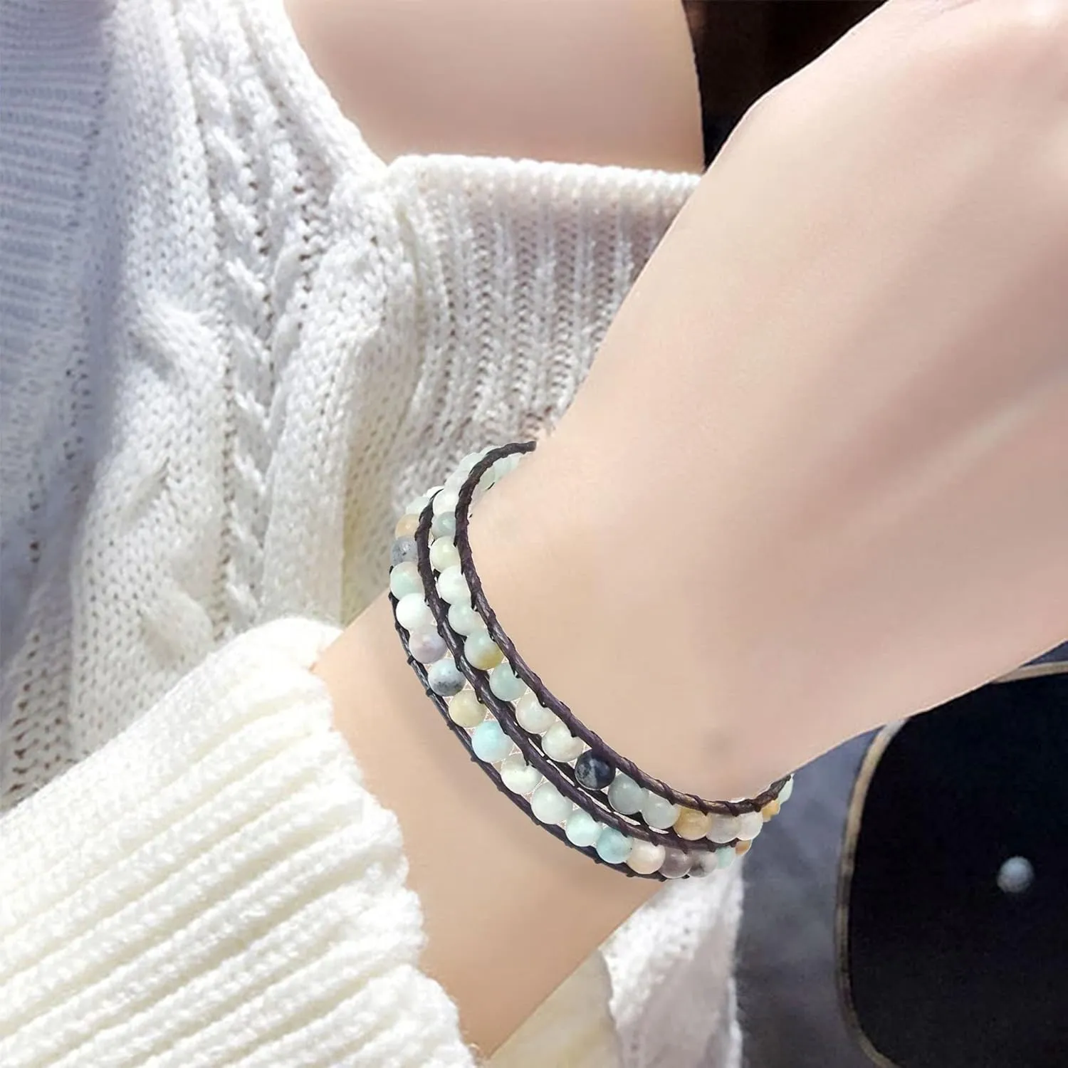 Genuine Stone Wrap Bracelets for Women Natural Crystal Beaded Wrap Bracelet 2/3/5 Adjustable Bohemian Bracelets Jewelry Gifts for Women Mom