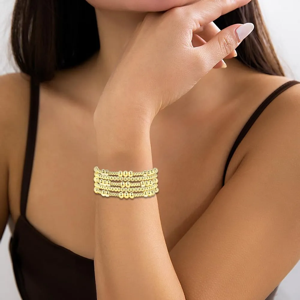 Gold Bead Bracelet for Women Gold Pearl Bead Bracelet Stretch Bead Ball Bracelet Set Stackable Bracelet Gold Statement Bracelet Birthday Christmas Jewelry Accessories