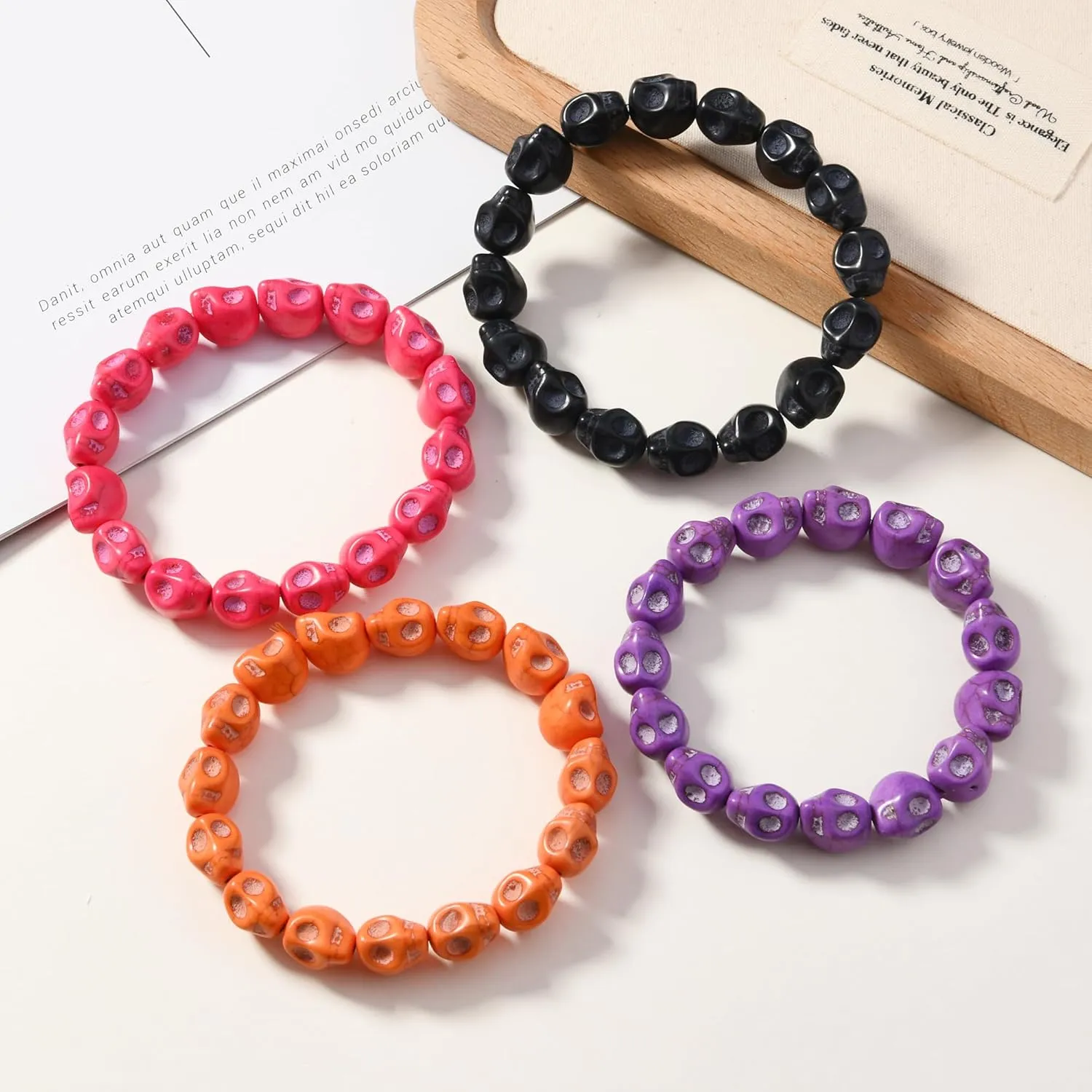 Halloween Skull Bead Skeleton Bracelets Gothic Punk Hip Hop Charm Head Bone Stone Elastic Bracelet Tibetan Prayer Mala Bangle for Men Women