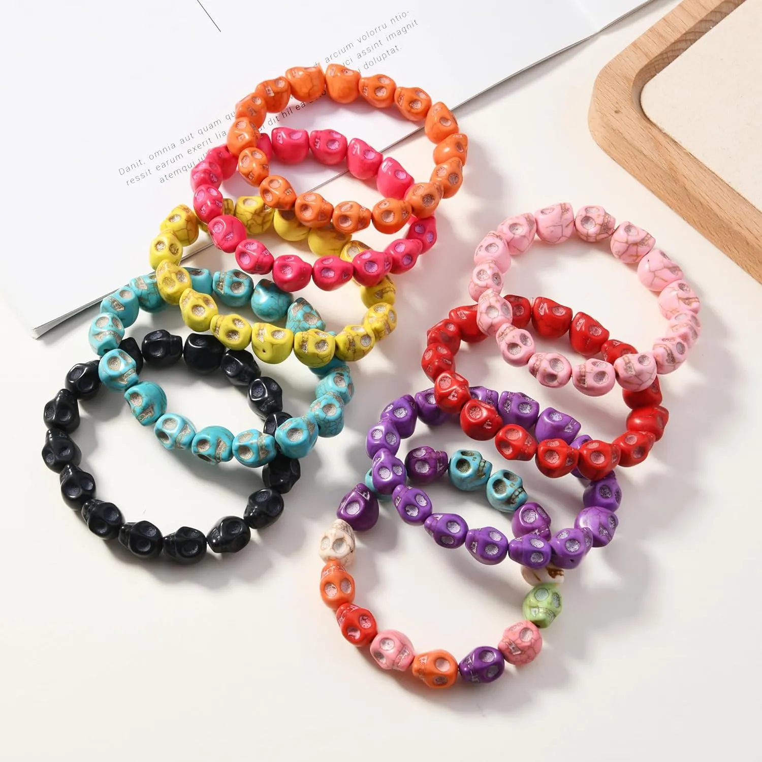 Halloween Skull Bead Skeleton Bracelets Gothic Punk Hip Hop Charm Head Bone Stone Elastic Bracelet Tibetan Prayer Mala Bangle for Men Women
