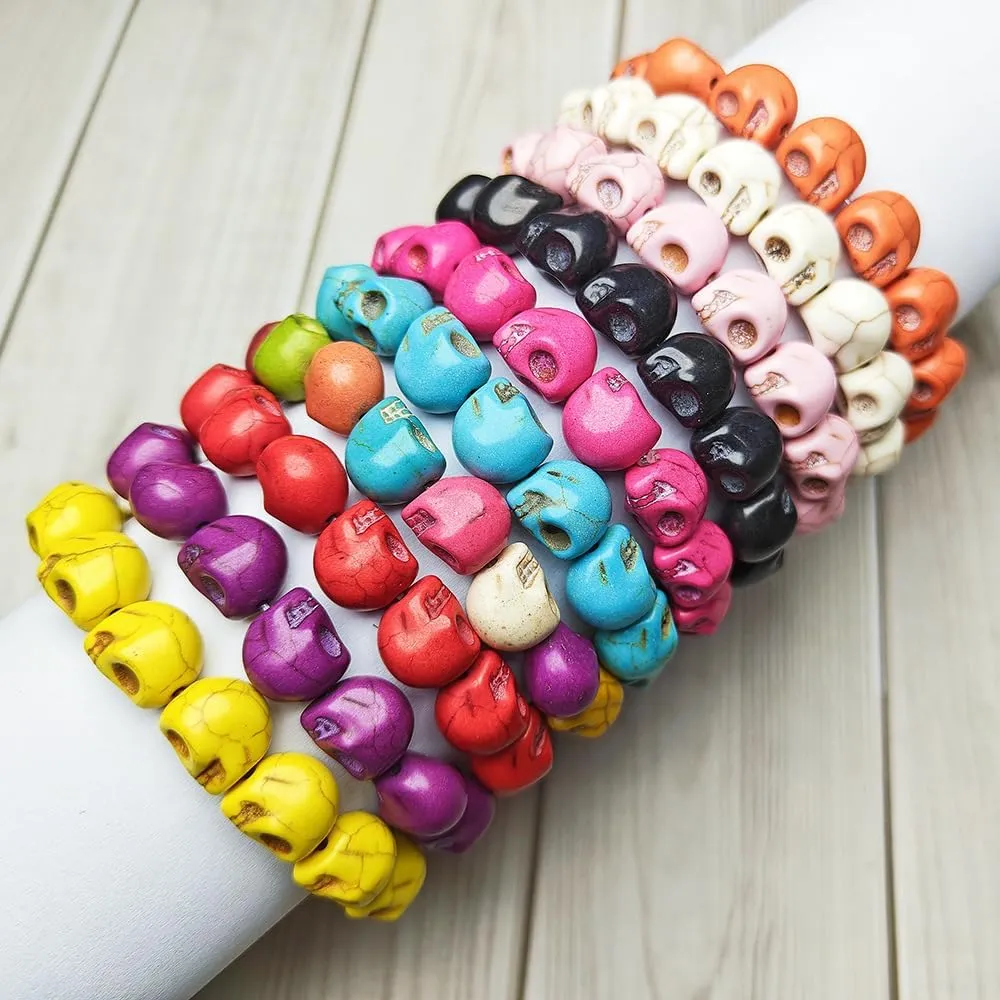 Halloween Skull Bead Skeleton Bracelets Gothic Punk Hip Hop Charm Head Bone Stone Elastic Bracelet Tibetan Prayer Mala Bangle for Men Women