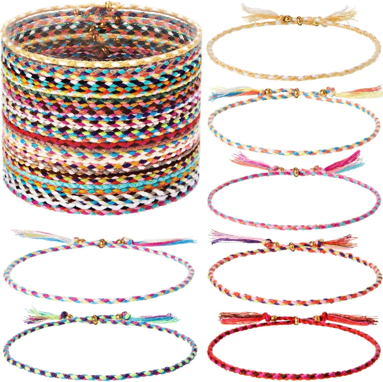 Hicarer 28 Pieces Woven Wrap Friendship Bracelets Handmade Boho Braided Friendship Anklets Adjustable Colorful Beaded String Bracelet