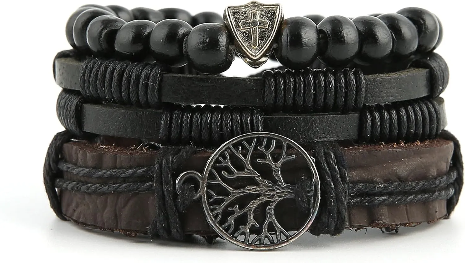 HZMAN Genuine Leather Tree of life Bracelets Men Women, Tiger Eye Natural Stone Lava Rock Beads Ethnic Tribal Elastic Bracelets Wristbands