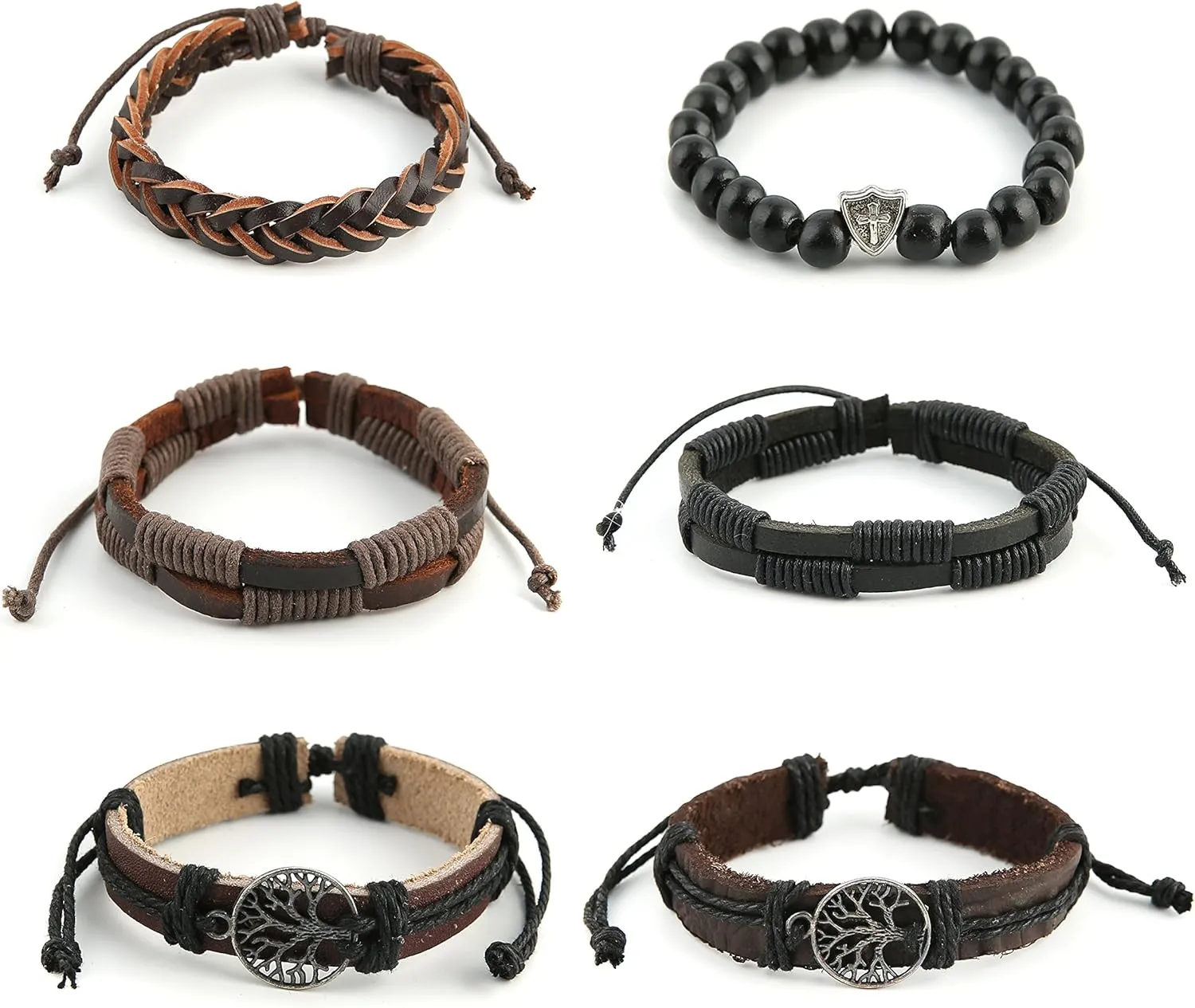 HZMAN Genuine Leather Tree of life Bracelets Men Women, Tiger Eye Natural Stone Lava Rock Beads Ethnic Tribal Elastic Bracelets Wristbands