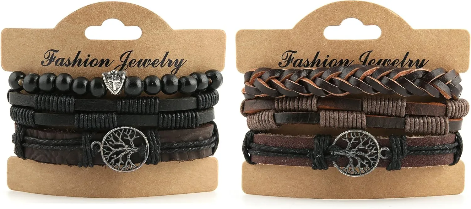 HZMAN Genuine Leather Tree of life Bracelets Men Women, Tiger Eye Natural Stone Lava Rock Beads Ethnic Tribal Elastic Bracelets Wristbands