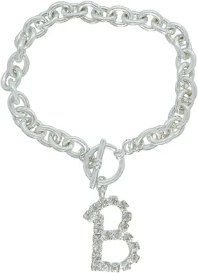 Initial B Letter Charm Bracelet Crystal Rhinestone Silver Tone Chain 7 3/4" Fashion Bracelets for Women Trendy Accessories for Women Stylish Additions Chic Details