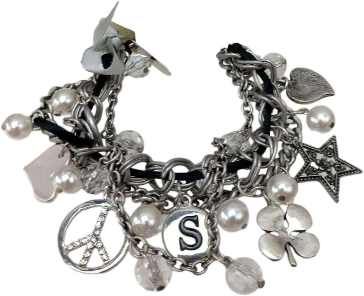 Initial Letter S Charm Bracelet Beaded Silver Tone Chain 7" NWT Fashion Bracelets for Women Trendy Accessories for Women Stylish Additions Chic Details