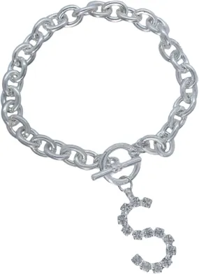 Initial S Letter Charm Bracelet Crystal Rhinestone Silver Tone 7 3/4" Fashion Bracelets for Women Trendy Accessories for Women Stylish Additions