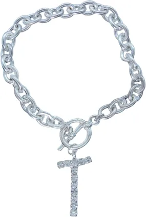 Initial T Letter Charm Bracelet Crystal Rhinestone Silver Tone 7 3/4" Fashion Bracelets for Women Trendy Accessories for Women Stylish Additions Chic Details